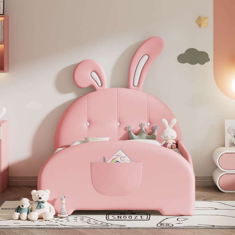 Twin Size Rabbit-Shaped Upholstered Platform Bed with Headboard and Footboard, Pink