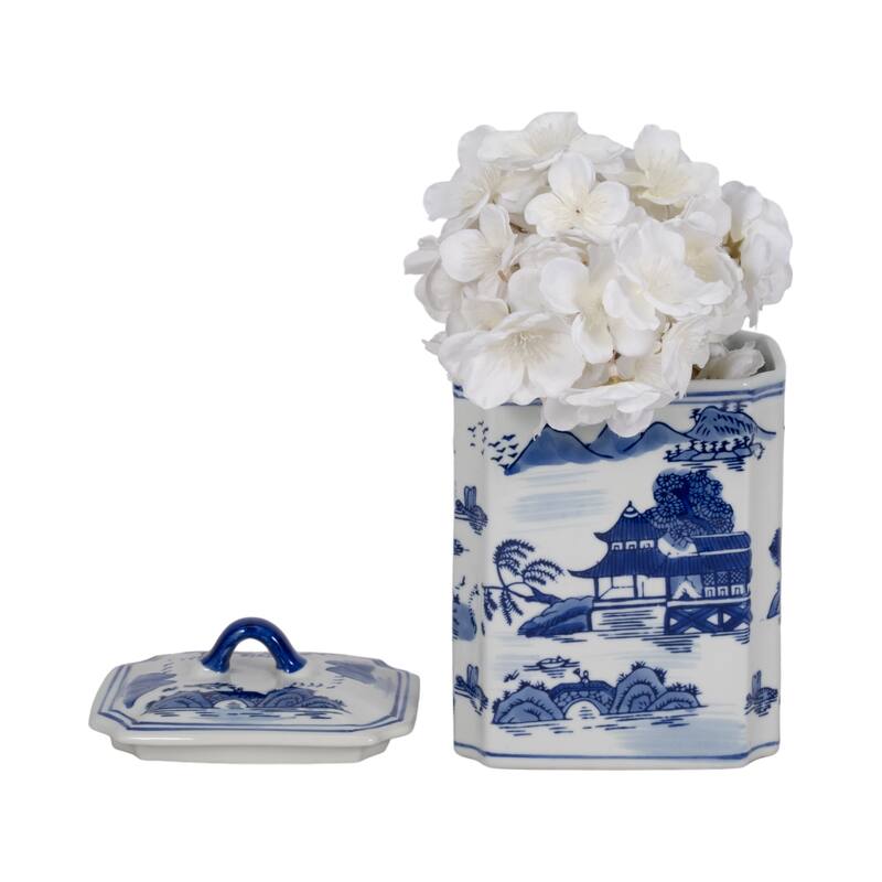 Rectangular Chinoiserie Ceramic Table Jar with Lid