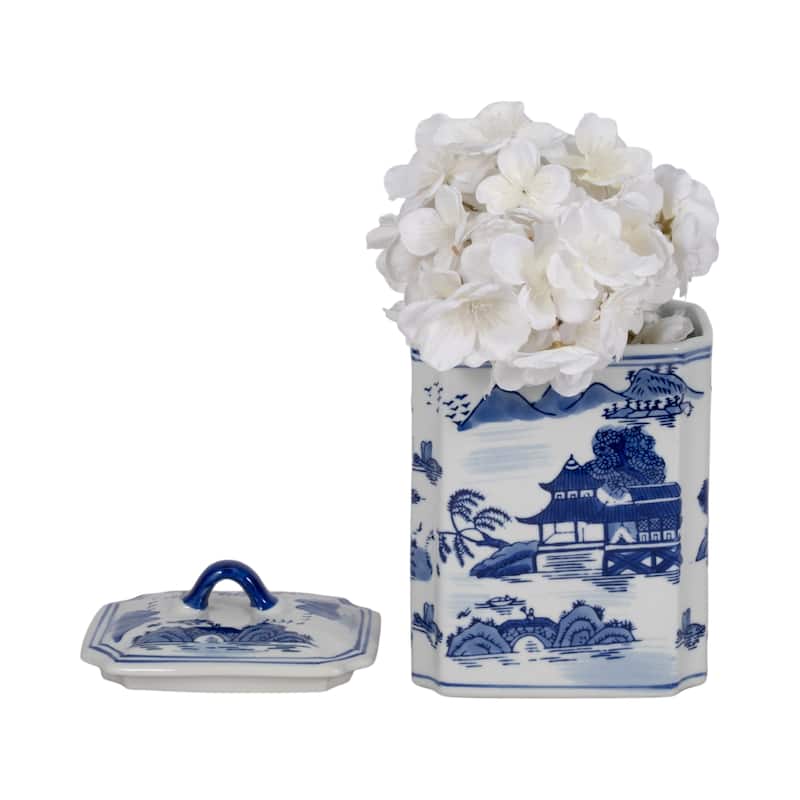 Sagebrook Home Stoneware Ceramic Chinoiserie Decorative Container with Lid