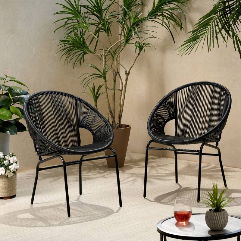 Roomfitters 3 Piece Outdoor Rattan Patio Seating Group with Iron Frame, Modern Black Finish - Black