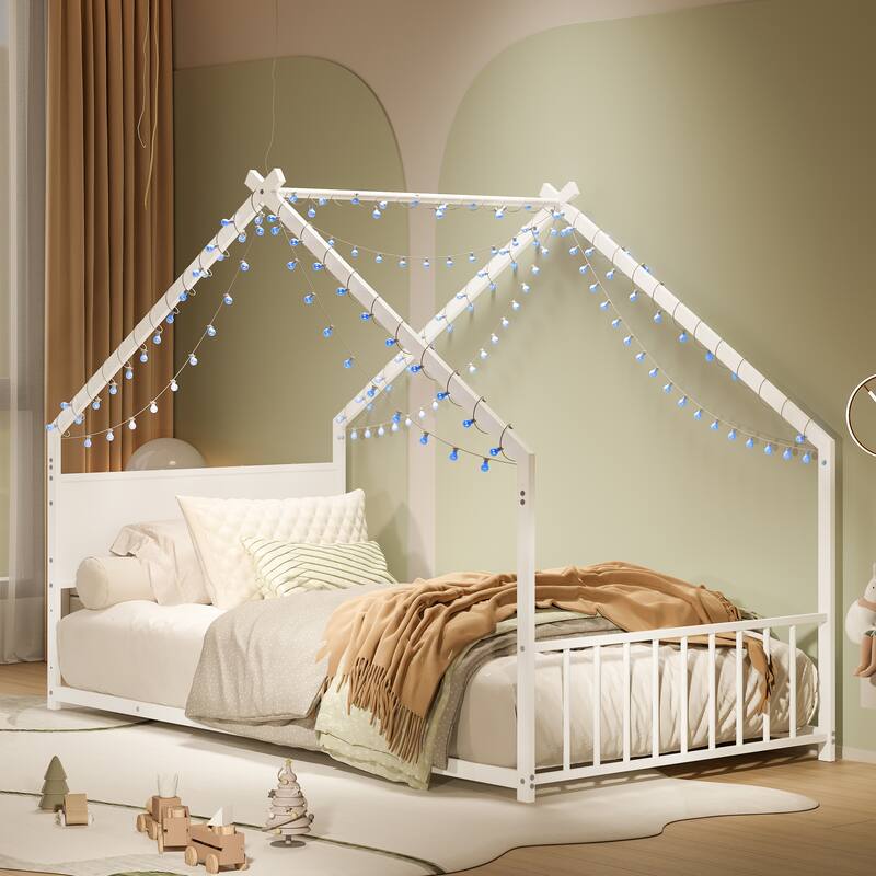 Twin Size Metal House Bed with Roof, LED Lights, and Slats, No Box Spring Needed, White
