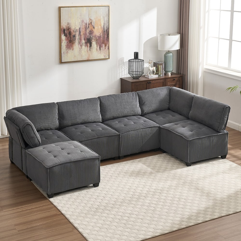121.26" Corduroy Modular Sectional Sofa 6- Seat U Shaped Couch with Reversible Chaise and Ottoman