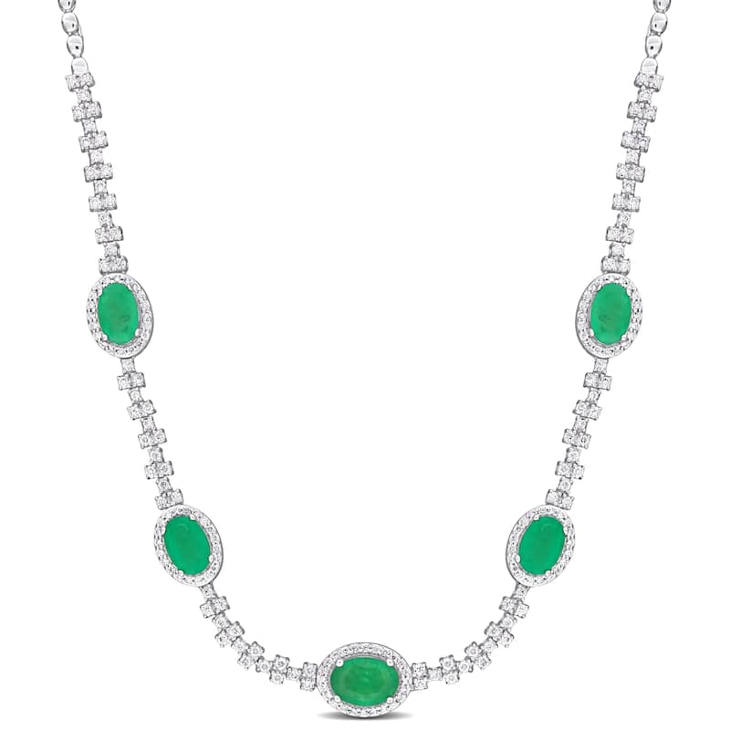 Miadora 2 1/2ct TGW Emerald 3/4ct TDW Diamond Station Necklace in 14k White Gold - 17 in.