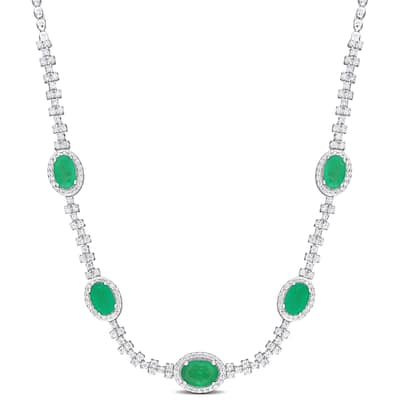 Miadora 2 1/2ct TGW Emerald 3/4ct TDW Diamond Station Necklace in 14k White Gold - 17 in.