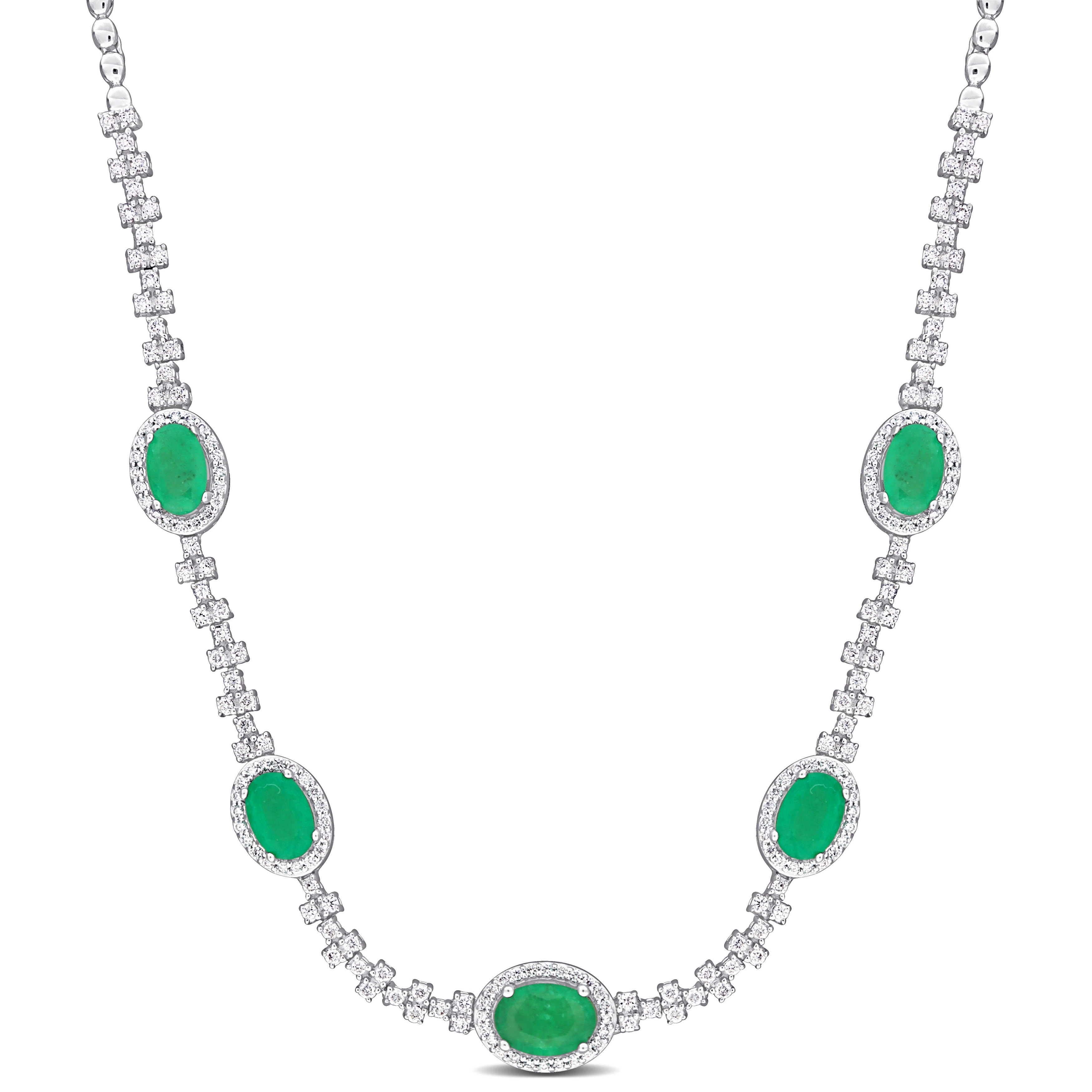 Miadora 2 1/2ct TGW Emerald 3/4ct TDW Diamond Station Necklace in 14k White Gold - 17 in.