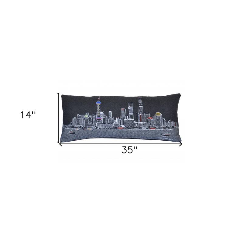 HomeRoots 35" Black Shanghai Nighttime Skyline Lumbar Decorative Pillow