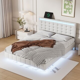 Full Size Floating White Upholstered LED Platform Bed Frame with LED ...