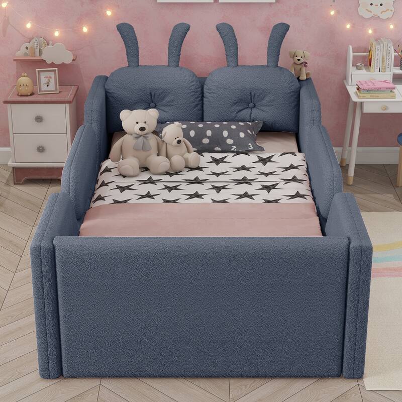 Gray Twin Upholstered Platform Bed with Rabbit Cushion & Removable Side Rails! (Arrives 2025/1/15)