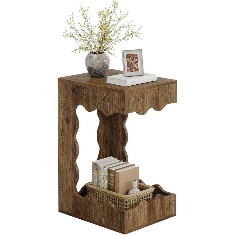 Narrow End Table, 2-Tier C-Shaped Side Table for Living Room, Farmhouse Nightstand for Bedroom, Next to Sofa Armchair