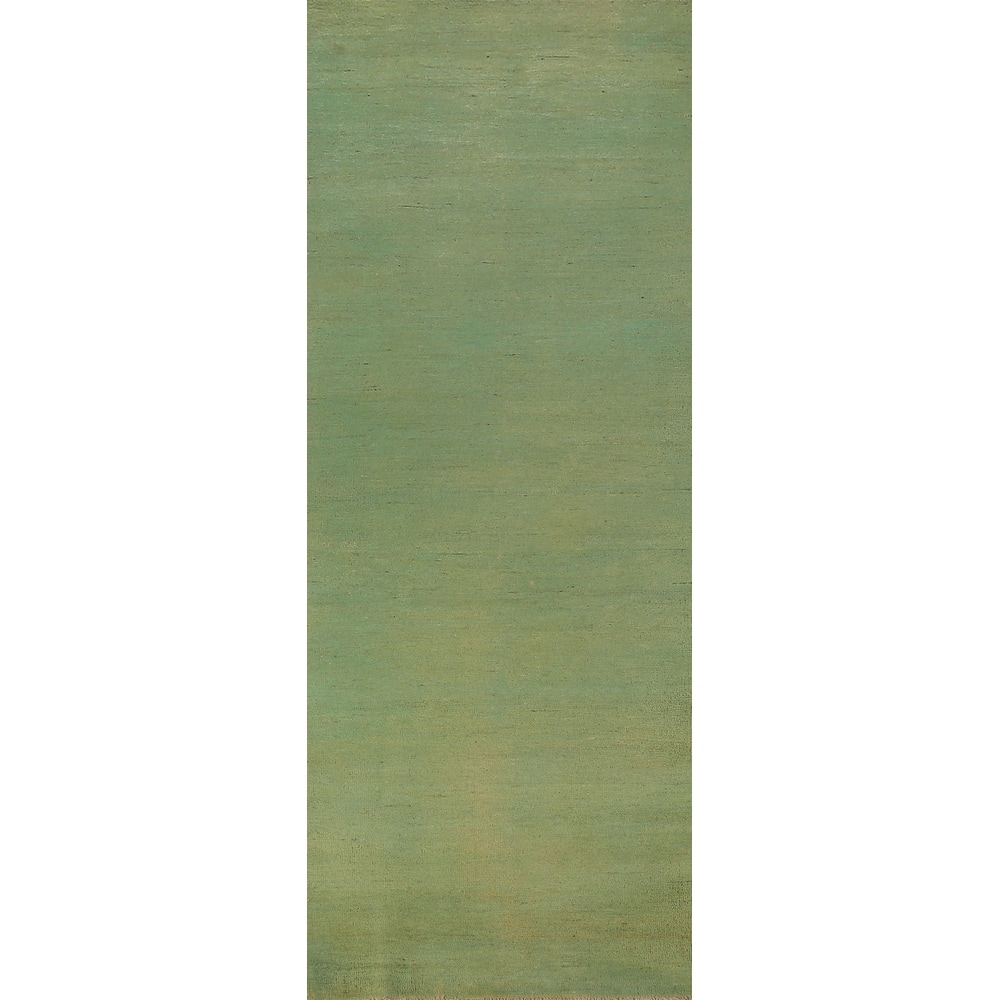 Green Modern Gabbeh Runner Rug Hand-Knotted Wool Carpet - 2'11" x 9'6"