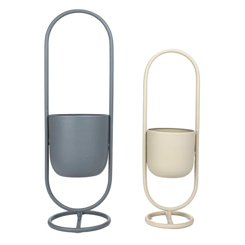 Metal Floor Planters Hanging on Stands, Set of 2 - 10.3"L x 9.0"W x 32.0"H