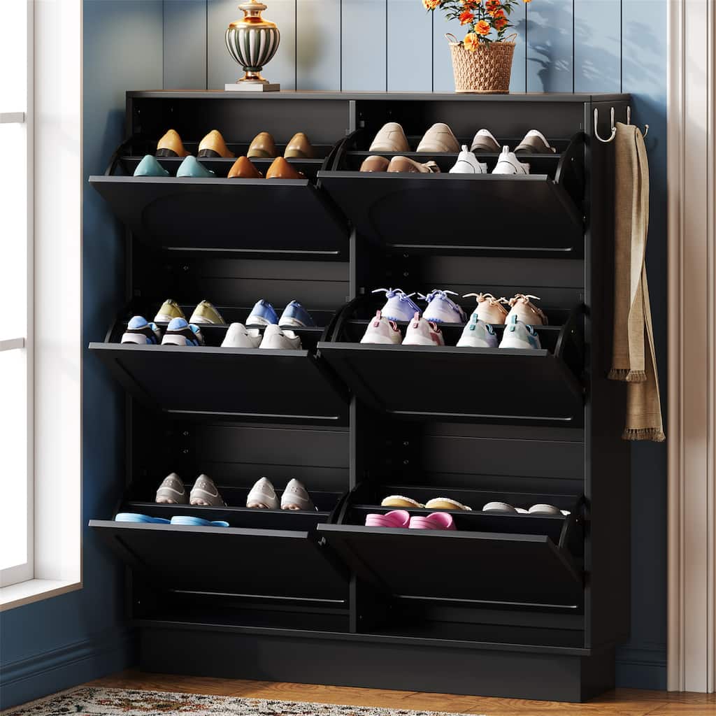 Tipping Bucket Shoe Cabinet w/ 6 Flip Drawers,Adjustable Shelf,Hooks