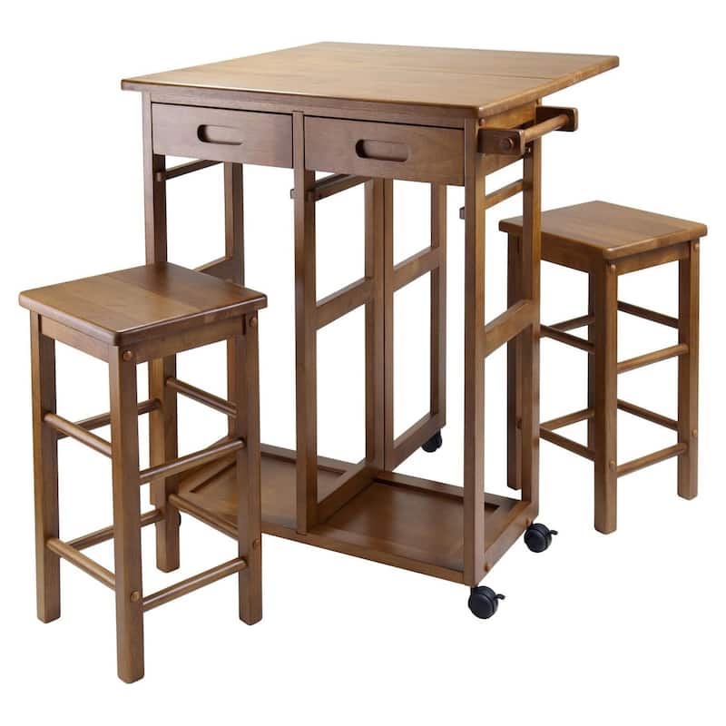 Retro Rolling Cart with Stools - Space Saving Bar Cart, Drop Leaf Table, Kitchen Dining Furniture