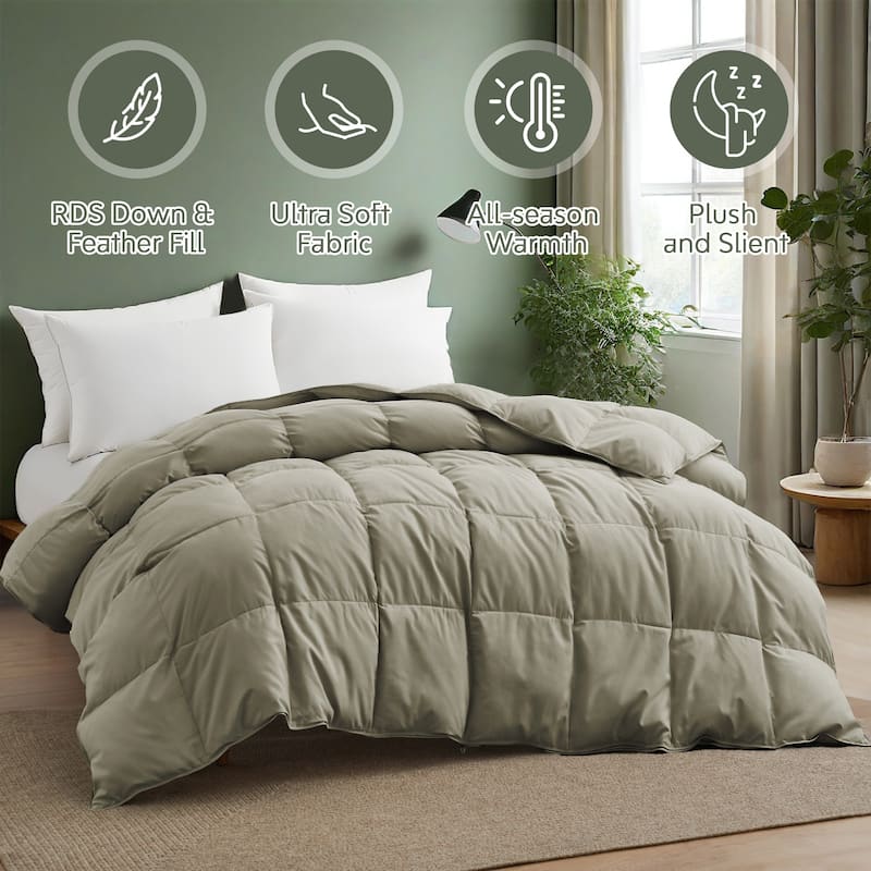 Premium White Feather Down Comforter Duvet Insert All Warmth Levels - King - Medium Weight Sage Green