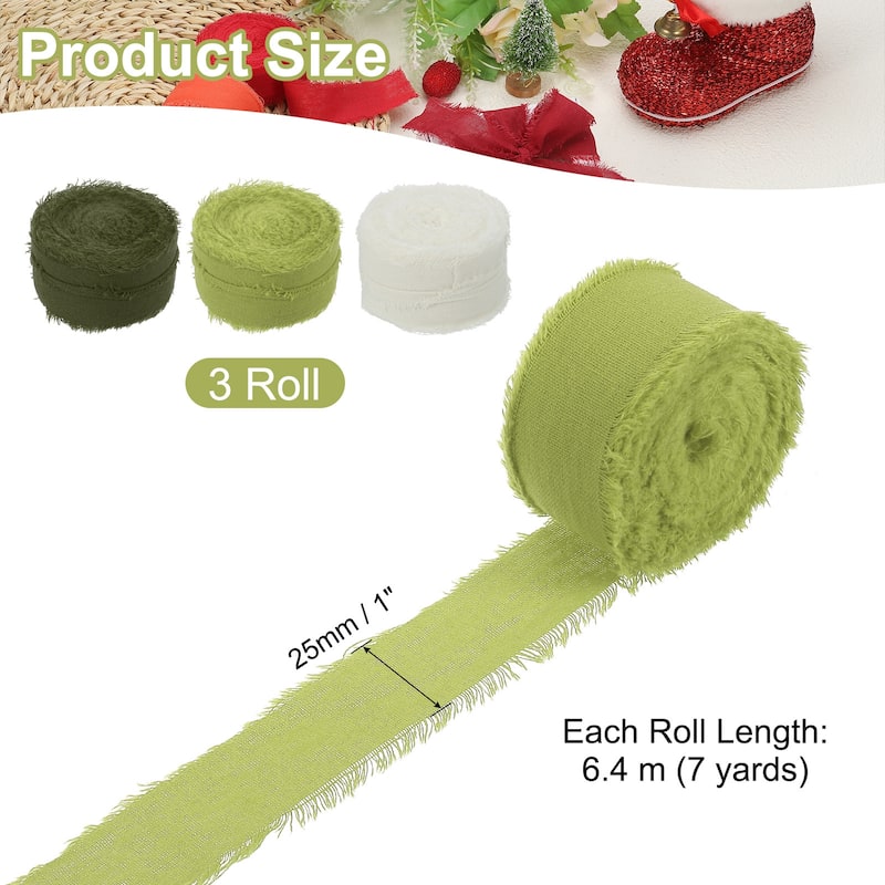 3Roll Cotton Handmade Fringe Ribbon 1"x21Yd Frayed Fringe Ribbons - 7Yd - Beige/Light Green/Moss Green