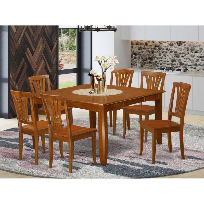 HomeStock 7-Piece Square Saddle Brown Finish Solid Wood Top Dining Table with 6-Chairs