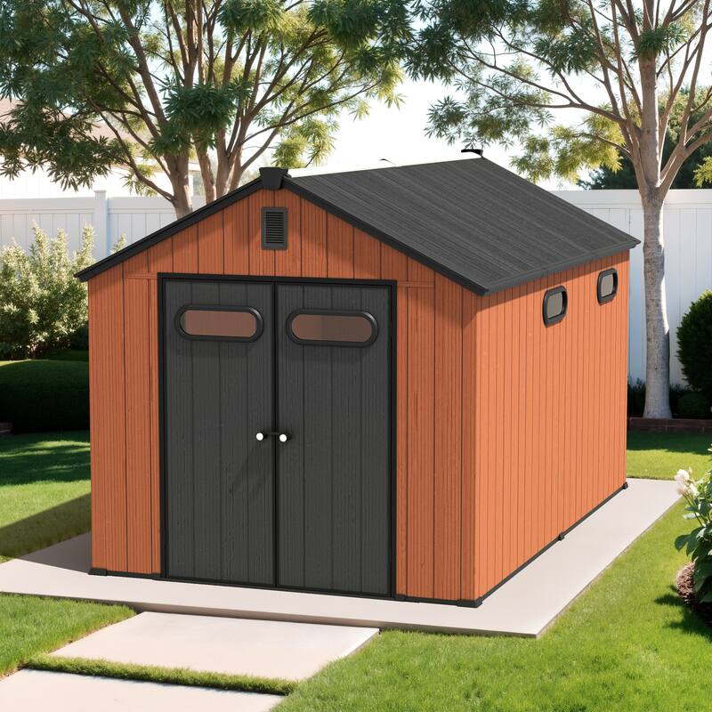 VredHom 8X8/8X10/8X12 FT All-Weather Outdoor Resin Storage Shed with Windows Floor for Patio Furniture and Tools