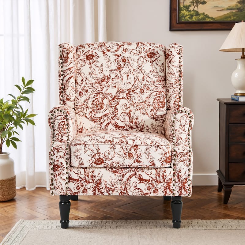 Traditional Floral Patterned Wingback Armchair with Nailhead Trim