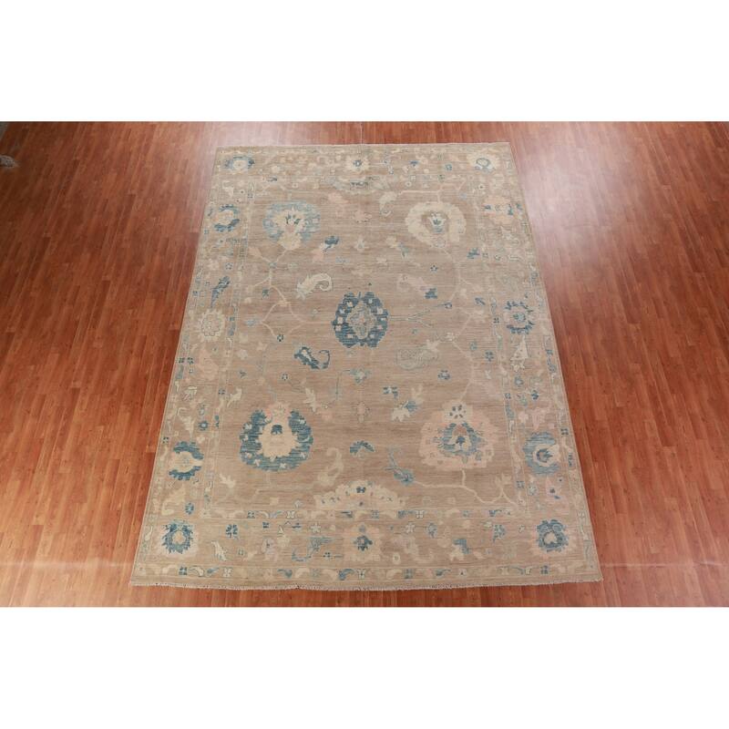 Hand Knotted Oriental 100% Wool Carpet Transitional All-Over Brown Oushak Area Rug - 12' 11'' X 9' 4''