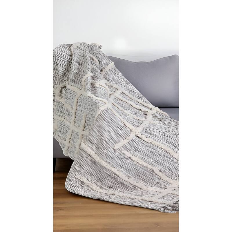 60" X 50" Gray Woven Cotton Striped Throw Blanket with Fringe - Throw
