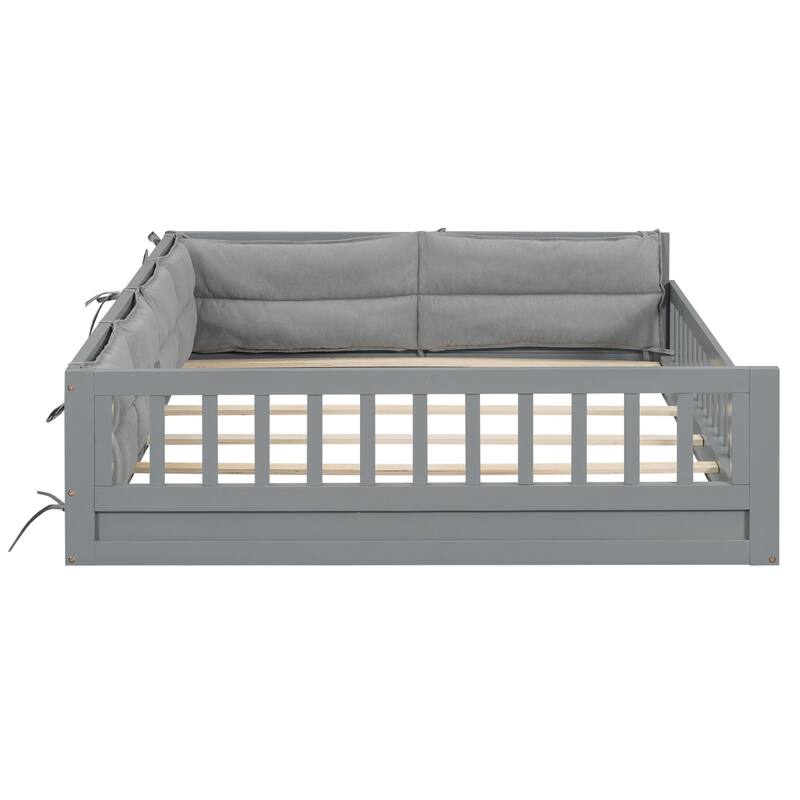 Wooden Upholstered Platform Bed with Guardrails and Pillows