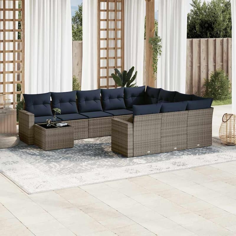 vidaXL Patio Sofa Set with Cushions Outdoor Furniture 11 Piece Poly Rattan - 24.4" x 24.4" x 27.2" - Gray and blue