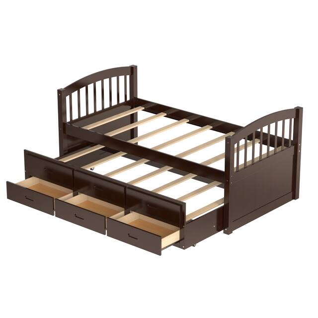 Contemporary Casual Style Twin over Twin Wood Bunk Bed with Trundle and Drawers, with High-quality Solid Wood for Bedroom