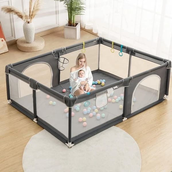 slide 2 of 7, Infant 79"x63" 4-Panel Baby Playpen Spacious & Secure Foldable Playard Grey Grey