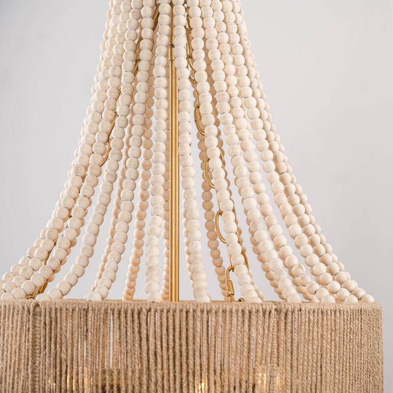 4-Light Golden Farmhouse Wood Bead Chandelier