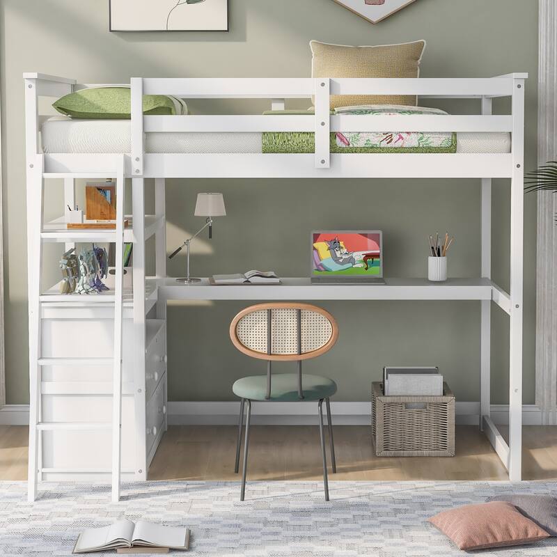 Twin Loft Bed with Desk, Shelves, and Drawers, White