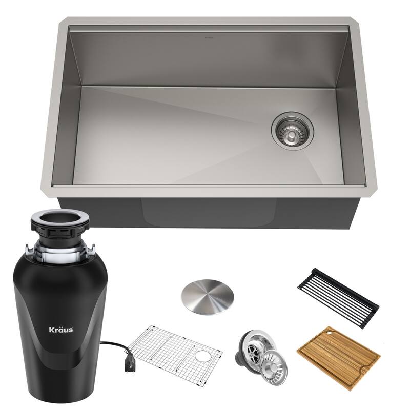KRAUS Kore Workstation Undermount Stainless Steel Kitchen Sink - 27" L x 19" W (sink KWU110-27 w/ KWD100-75MBL) - Stainless Steel with Black Garbage Disposal