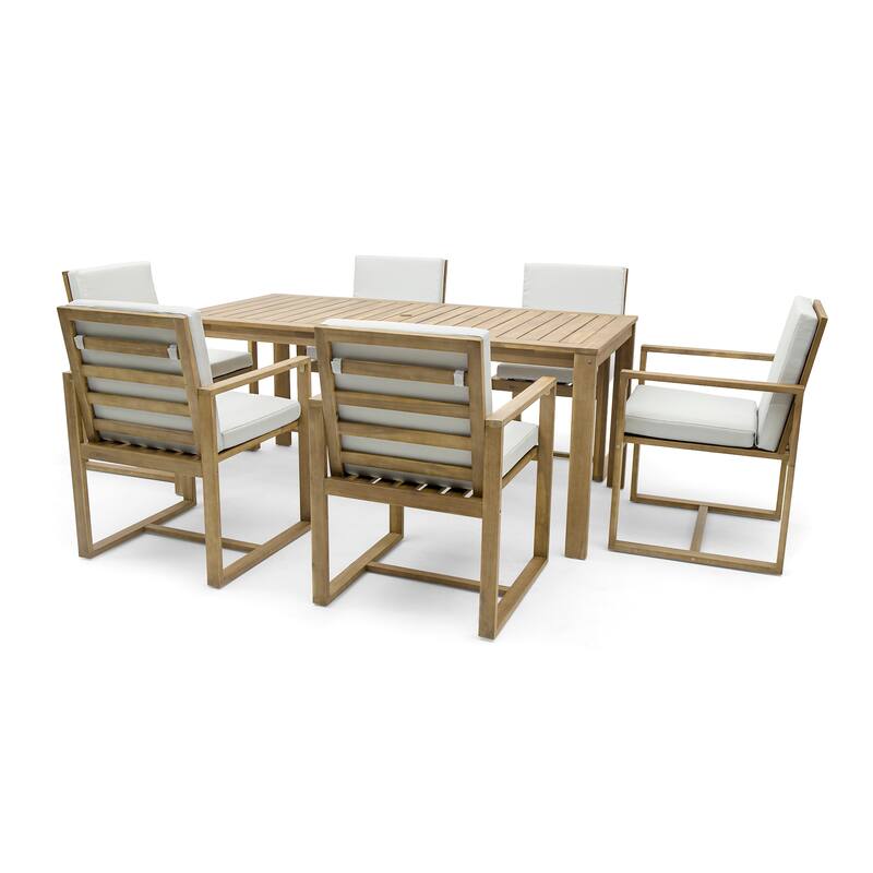 7-Piece Outdoor Acacia Wood Dining Set with Removable Cushions, Rectangular Table and Armchairs