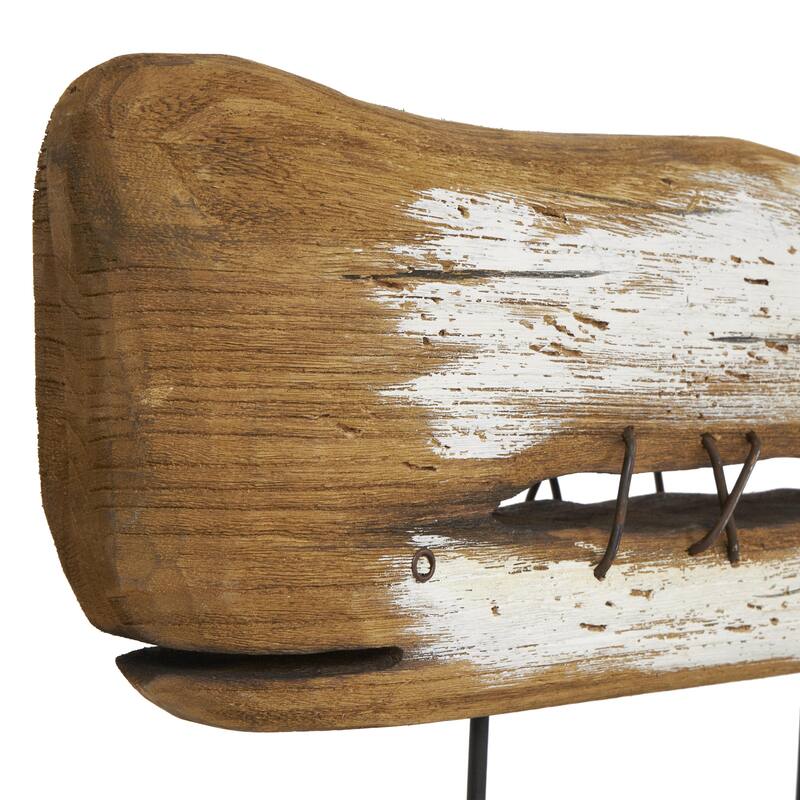 Wood Whale Handmade Decorative Sculpture with Painted White Accents and Metal Details - Brown - Roche River Decor