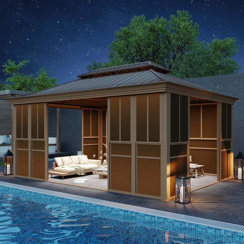 Hardtop Sunroom with Double Steel Roof, Sliding/Lockable Doors & Screens - All-Season Rustproof Aluminum Frame,Advanced Drainage