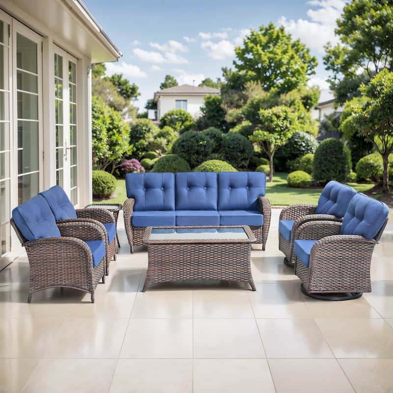 TWrap 7-Piece Patio Brown Wicker Sofa Conversation Set with 5-Inch Thick Cushions - Brown/Navy Blue - 7-Piece