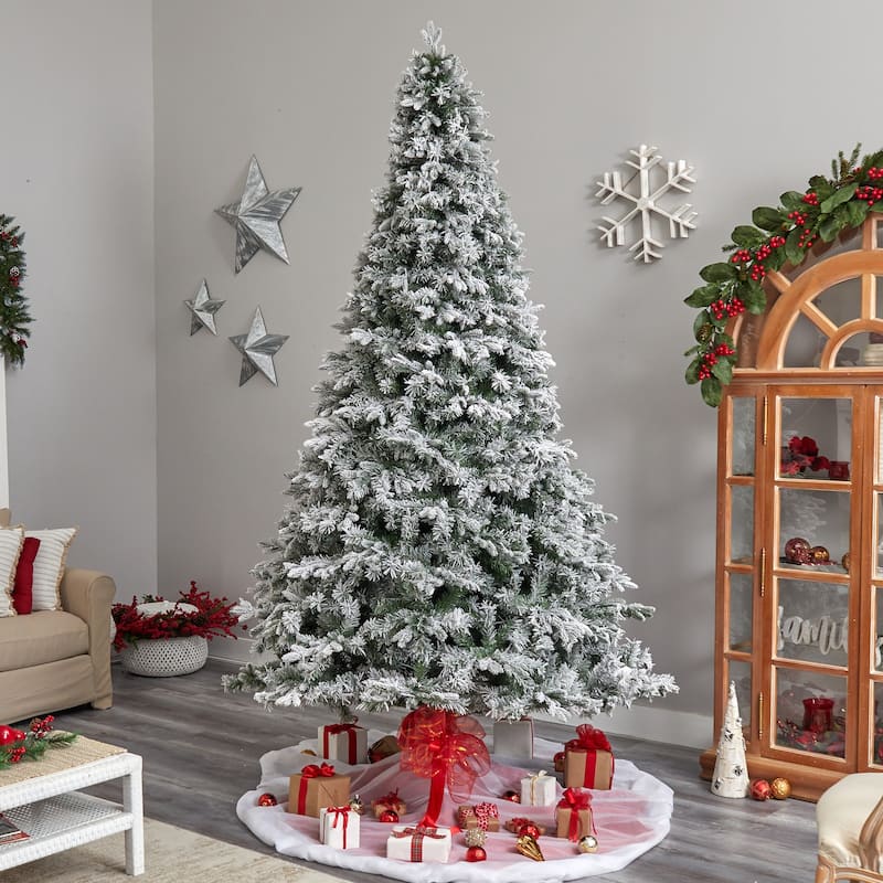 10ft Flocked Christmas Tree with Lights, Realistic Artificial Pine Tree, Holiday Decor, Winter Forest Tree - Green - 120