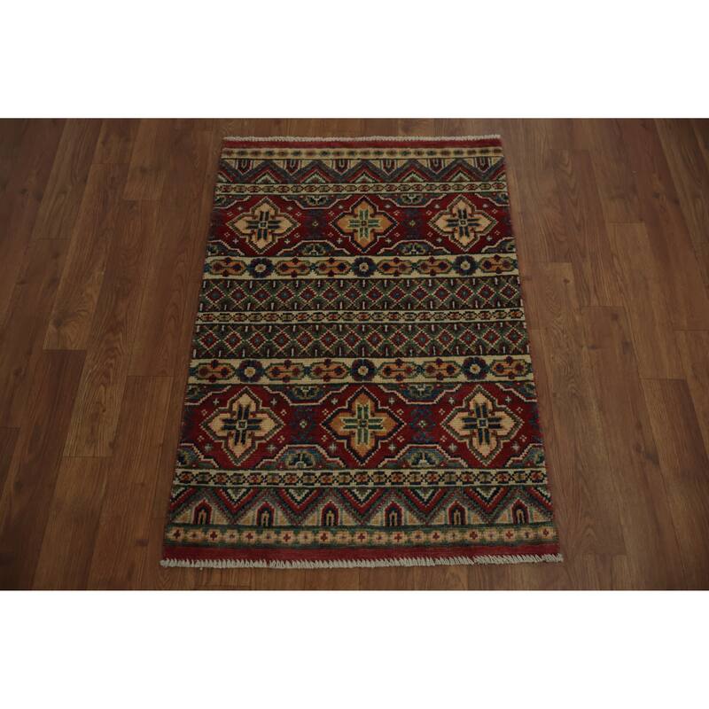 Hand Knotted Oriental 100% Wool Carpet Traditional Geometric Red Kazak Area Rug - 2' 11'' X 2' 0''