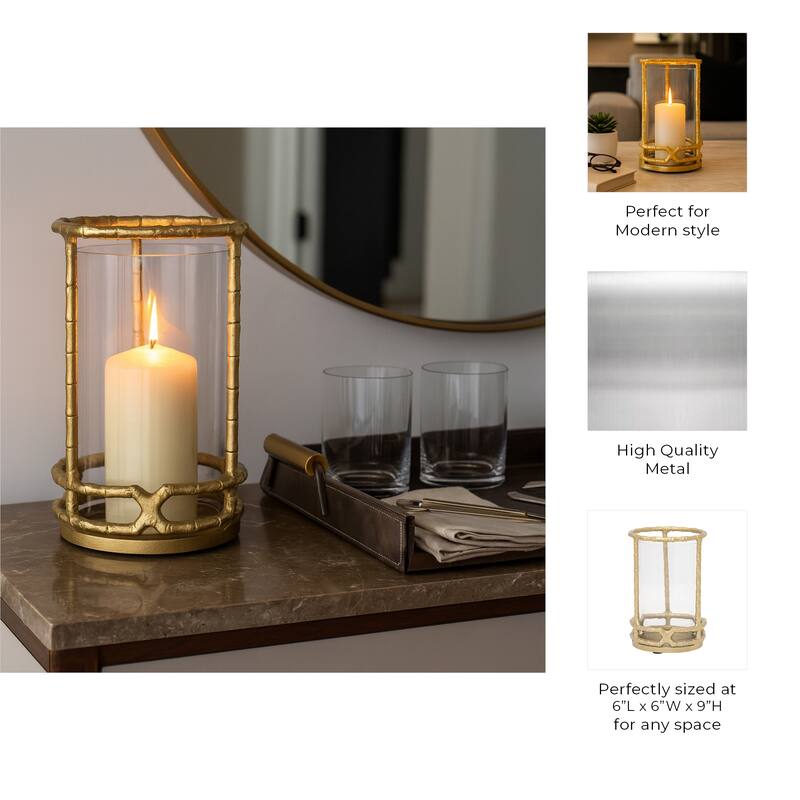 Aluminum Glass Sleek Hurricane Candle Holder - Gold, 9 in.
