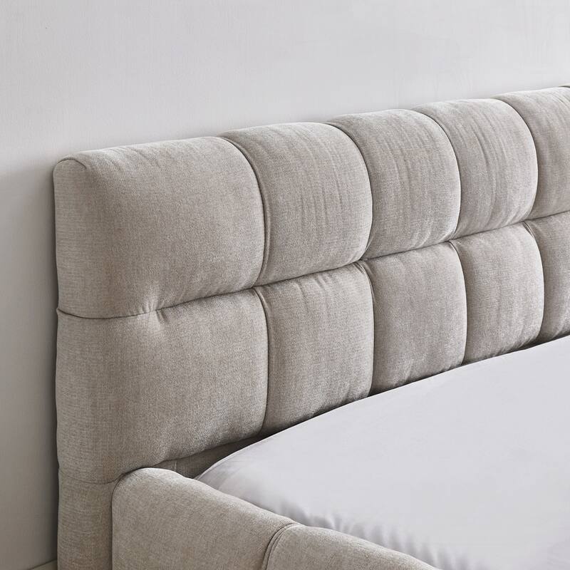 Chenille Fabric Grounded Queen Size Platform Bed with Headboard and Solid Frame