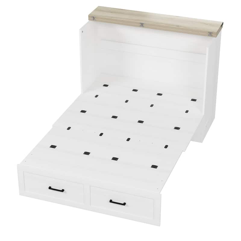 Full Size Farmhouse Murphy Cabinet Bed with Charging Station, Foldable Platform Bed with Large Storage Drawer
