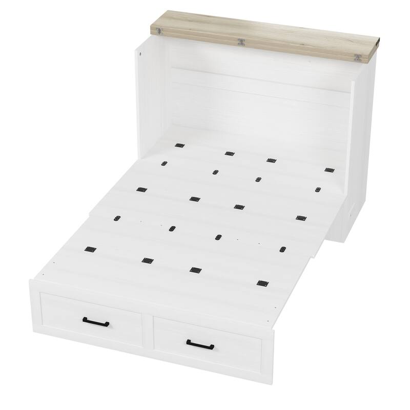 White Full Size Murphy Cabinet Bed with Storage Drawers and Built-In Charging Station