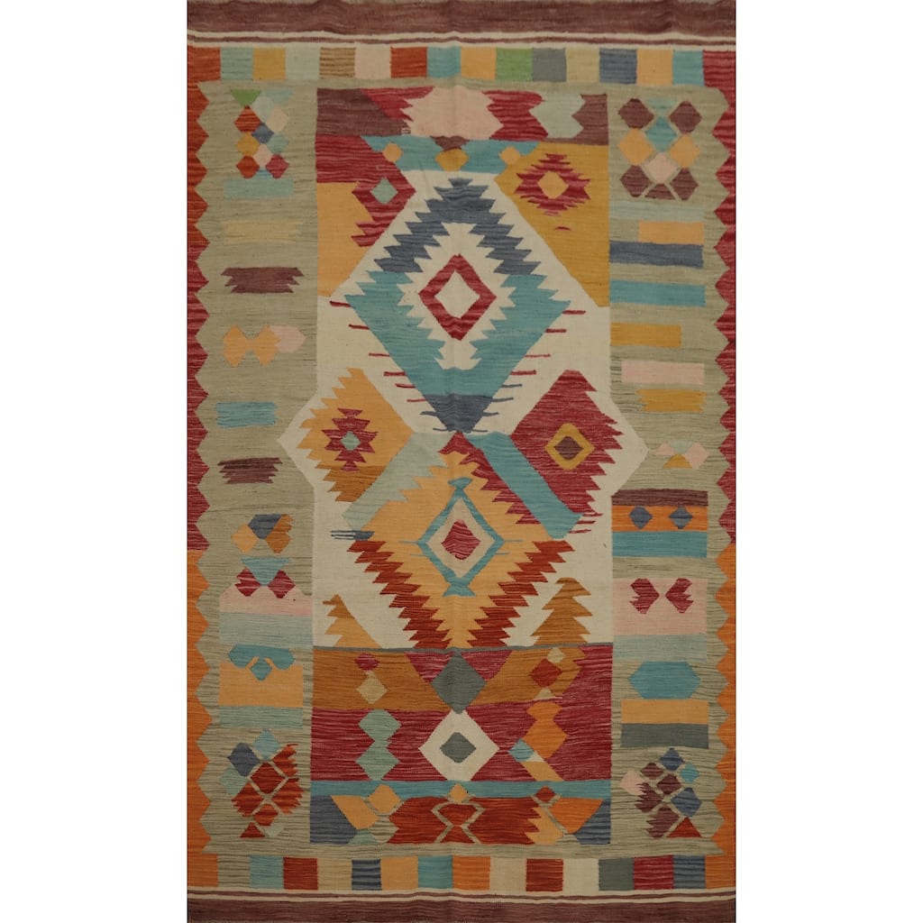 Hand Woven Oriental 100% Wool Carpet Southwestern Tribal Multi-Colored Kilim Area Rug - 8' 8'' X 5' 6''