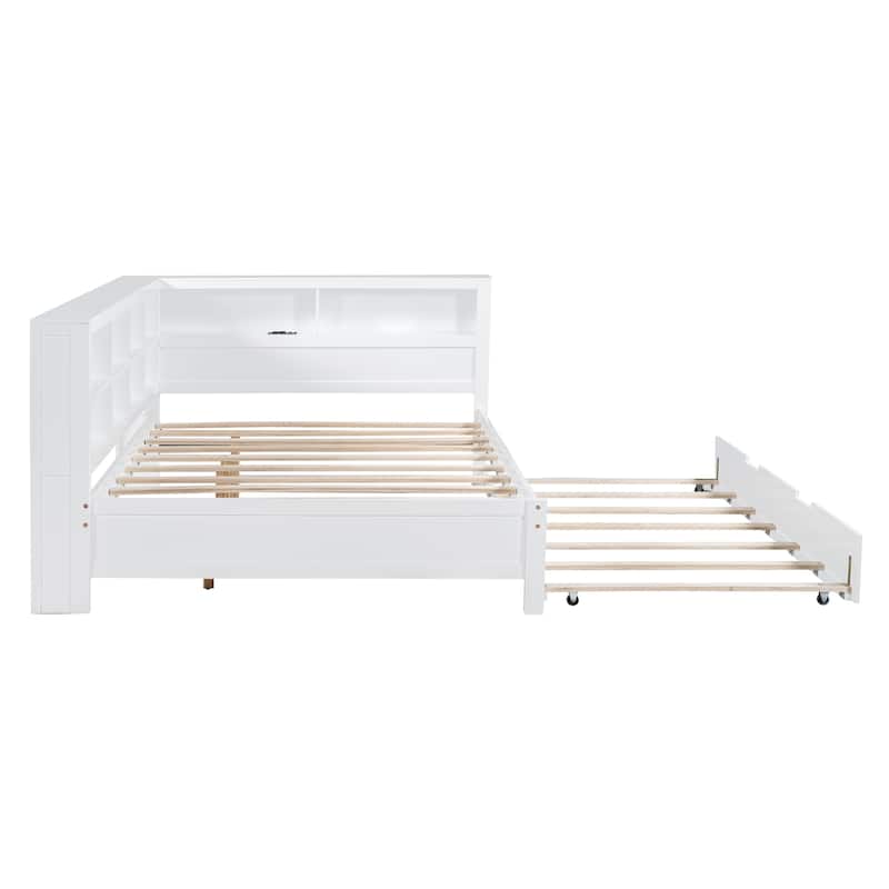 Wooden Full Size DayBed with Twin Size Trundle USB Charging Ports and Storage Shelf, White