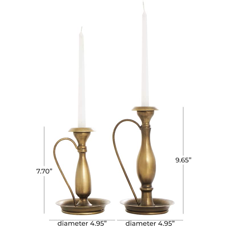 Metal Antique Style Candle Holder with Candle Plates and Handles - Set of 2 Bronze - Roche River Decor - 5"W x 5"L x 10"H