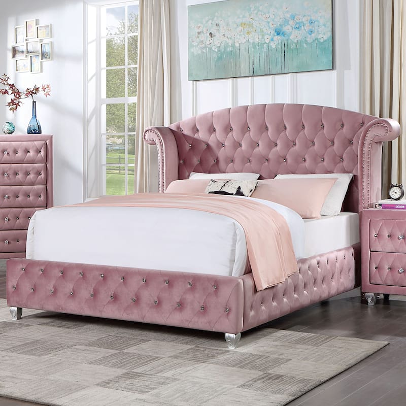 Vyvi Glam Pink Fabric 5-Piece Upholstered Panel Bedroom Set by Furniture of America