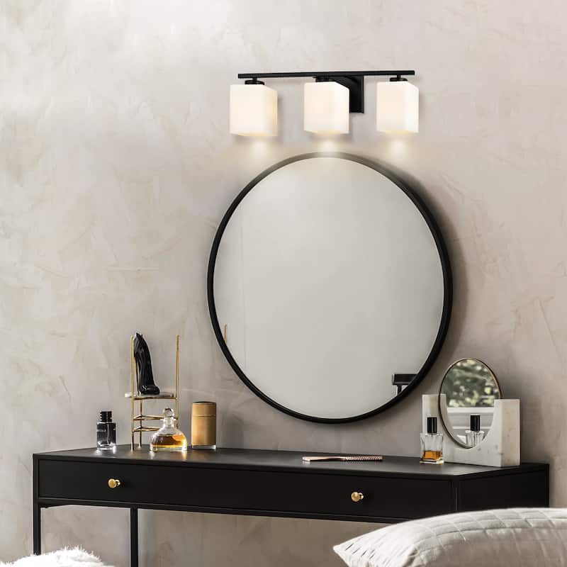 Brushed Nickel Indoor Bathroom Vanity Lights with Etched White Glass Square Rectangle Shades