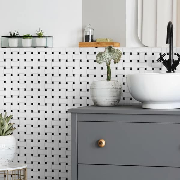 slide 2 of 14, SomerTile Metro Basketweave Matte White with Black Dot 11.75" x 11.75" Porcelain Mosaic Tile Case (10 Tiles)