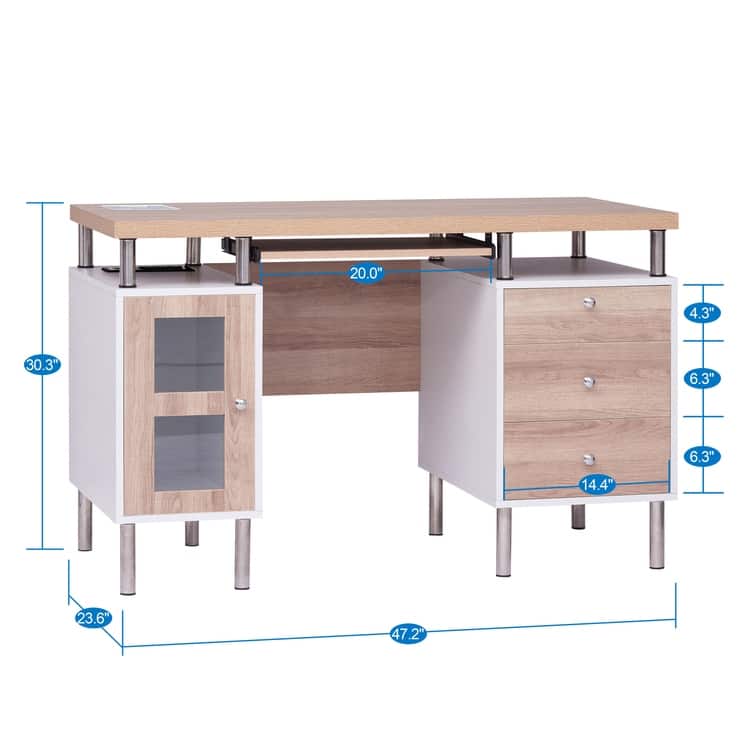 3-Drawer File Cabinet, Two-Tone Desk with Keyboard Tray, Power Outlets, USB Ports Charging Station - 3 Drawers, 1 Cabinet
