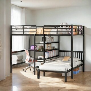 Full Over Twin Metal Bunk Bed with Desk, Shelves and Ladder, Black ...