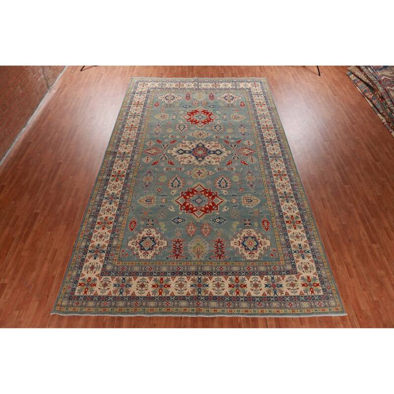 Hand Knotted Oriental 100% Wool Carpet Traditional Geometric Navy Blue & Blues Kazak Area Rug - 16' 6'' X 9' 7''